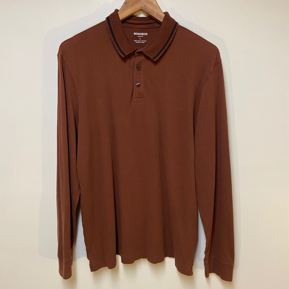 Bonobos Polo Shirt Mens Large L Brown Long Sleeve Slim Fit Pima Cotton Tipped